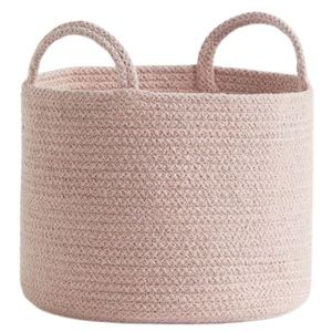 H&M Home Light Pink Thick Woven Braided Cotton Storage Basket With Handles